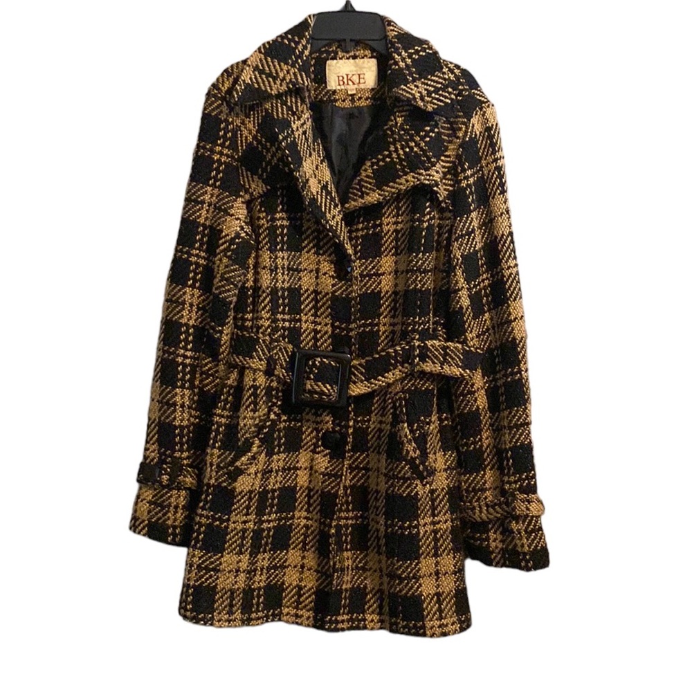 BKE Tweed Yellow Black Belted Coat Sz Large or Medium